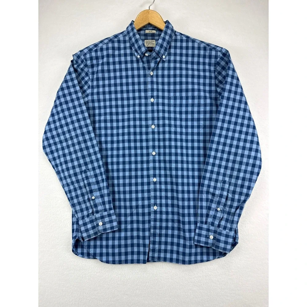 J. Crew Shirt Mens Large Blue Gingham Check Slim Fit Cotton Button‎ Down